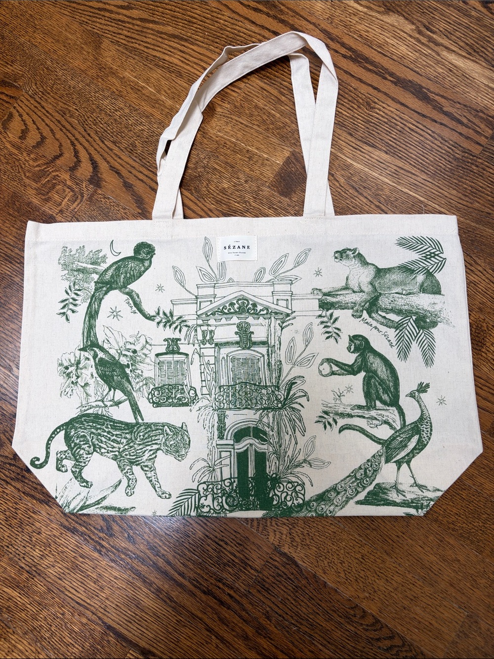 Sézane Cream Canvas Tote with Green Scenic Print